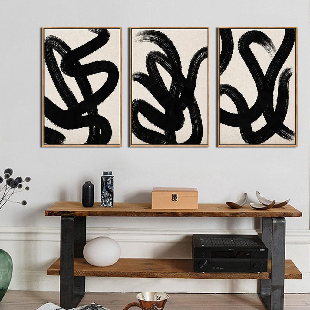 Framed Wall Art Canvas Set Abstract Lines Pictures Modern Mid Century Boho Wall Decor Minimalist Abstract Black
