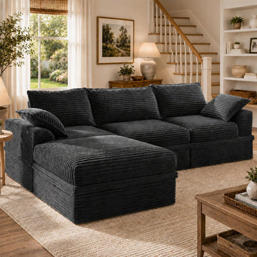 Upgraded Boneless Couch with Storage, Sectional Couches, L-Shaped Modular Cloud Corduroy Sofa with Ottoman &