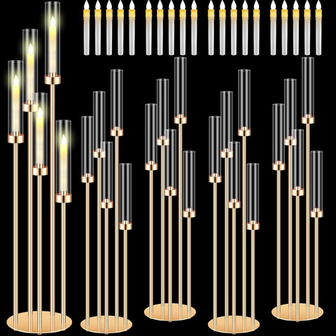 4 Sets Acrylic Candelabra Centerpieces 42.5" Tall Clear Candle Holders Pillar Taper Candlestick with Lampshades 5 Arm