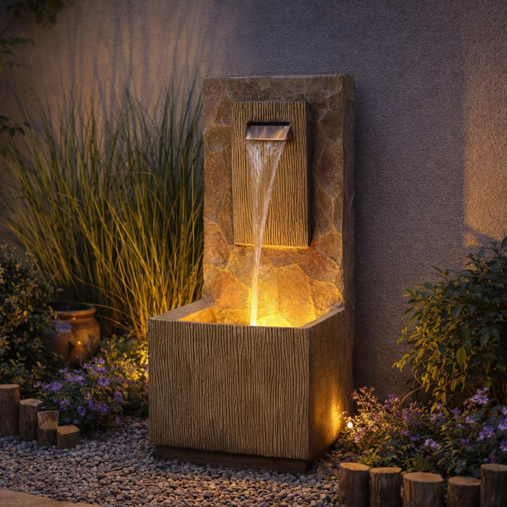 Spa Waterfall Outdoor Water Fountain - LED Light with Adjustable Flow & Electric Pump, Brown