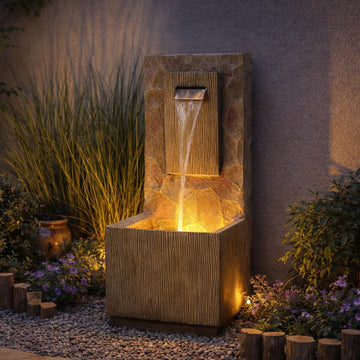 Spa Waterfall Outdoor Water Fountain - LED Light with Adjustable Flow & Electric Pump, Brown