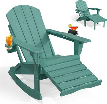 Folding Adirondack Rocking Chair with Retractable Ottoman, Aruba | Weather Resistant, Wood-Grain, 2-Sided Cup