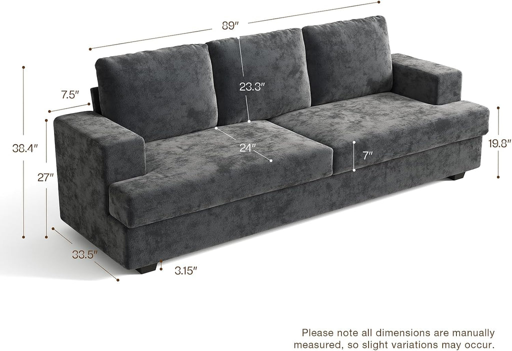 89" Grey Couches , 3 Seater Couch with Deep Seat, Oversized Loveseat Sofa