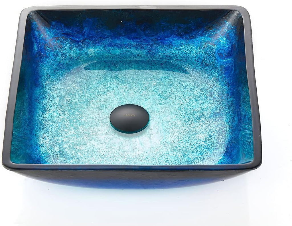 Blue Lotous Square Tempered Deco Glass Vessel Bathroom Sink in Lustrous Blue | Top Mount Sinks Above Countertop |