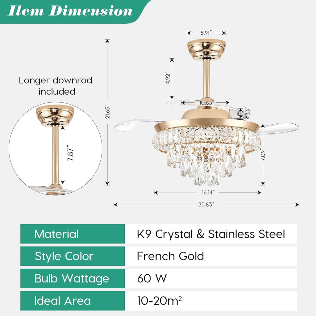 36" Crystal Ceiling Fan with Light, Retractable Blades Fandelier