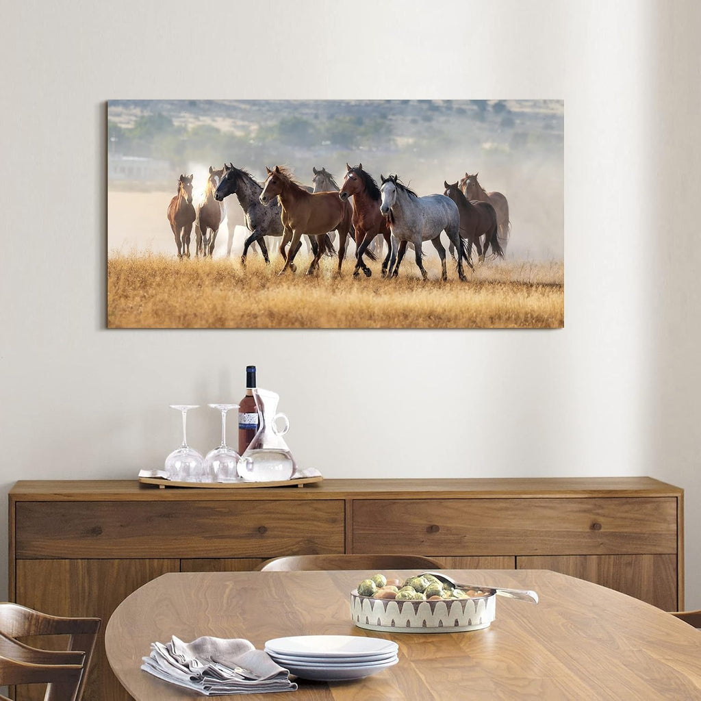 Rustic Horses Wall Art Decor: Western Farm Equine Canvas Picture Wild Animals Walking on Empty Grassland Farmhouse