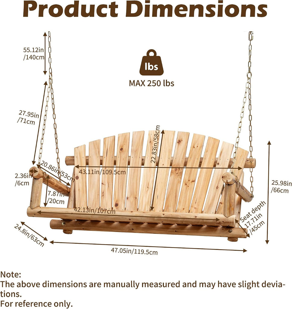 Outdoor Wooden Porch Swing Front Porch Hanging Bench Swing 2 Seat Chair for Garden, Patio, Backyard, Playground, Log