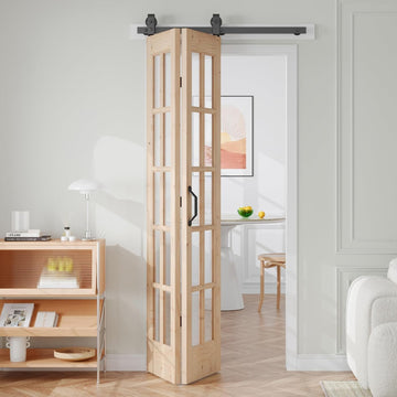 36 x 84 in (Double 18x84 inch) Bifold French Glass Door,Sliding Folding Barn Doors with 3.3FT Hardware Track kit