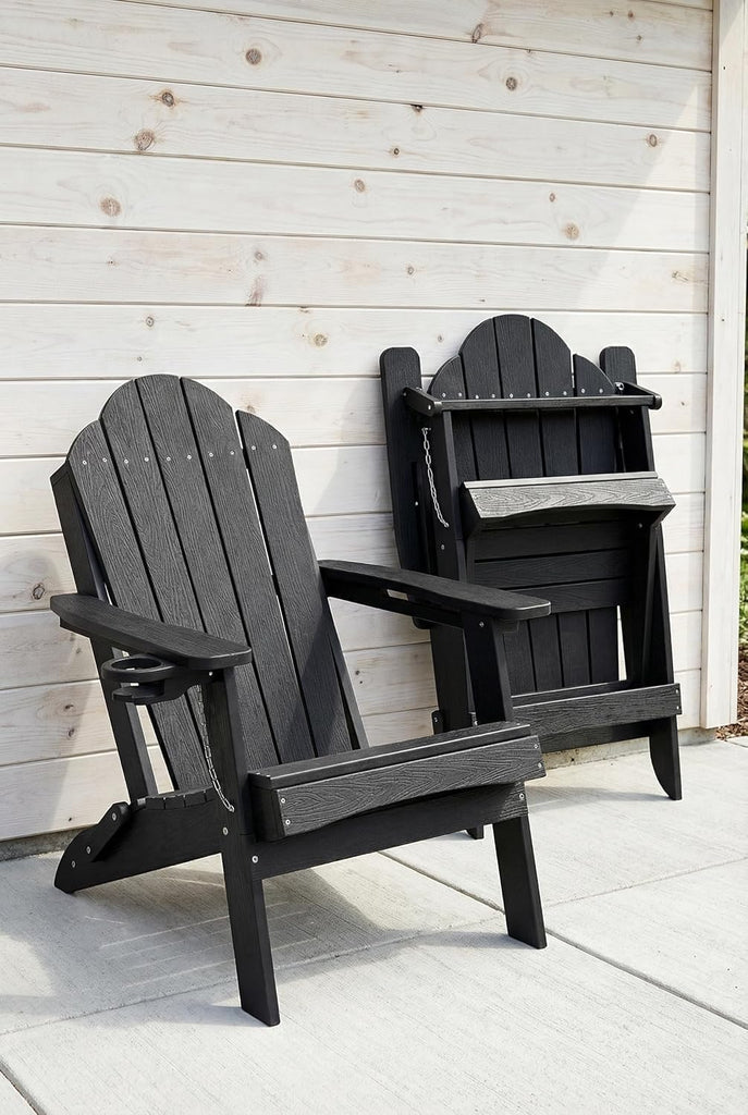 HDPE Folding Adirondack Chairs Set of 4, Black Fire Pit Chairs | All-season weather resistant, ergonomic comfy