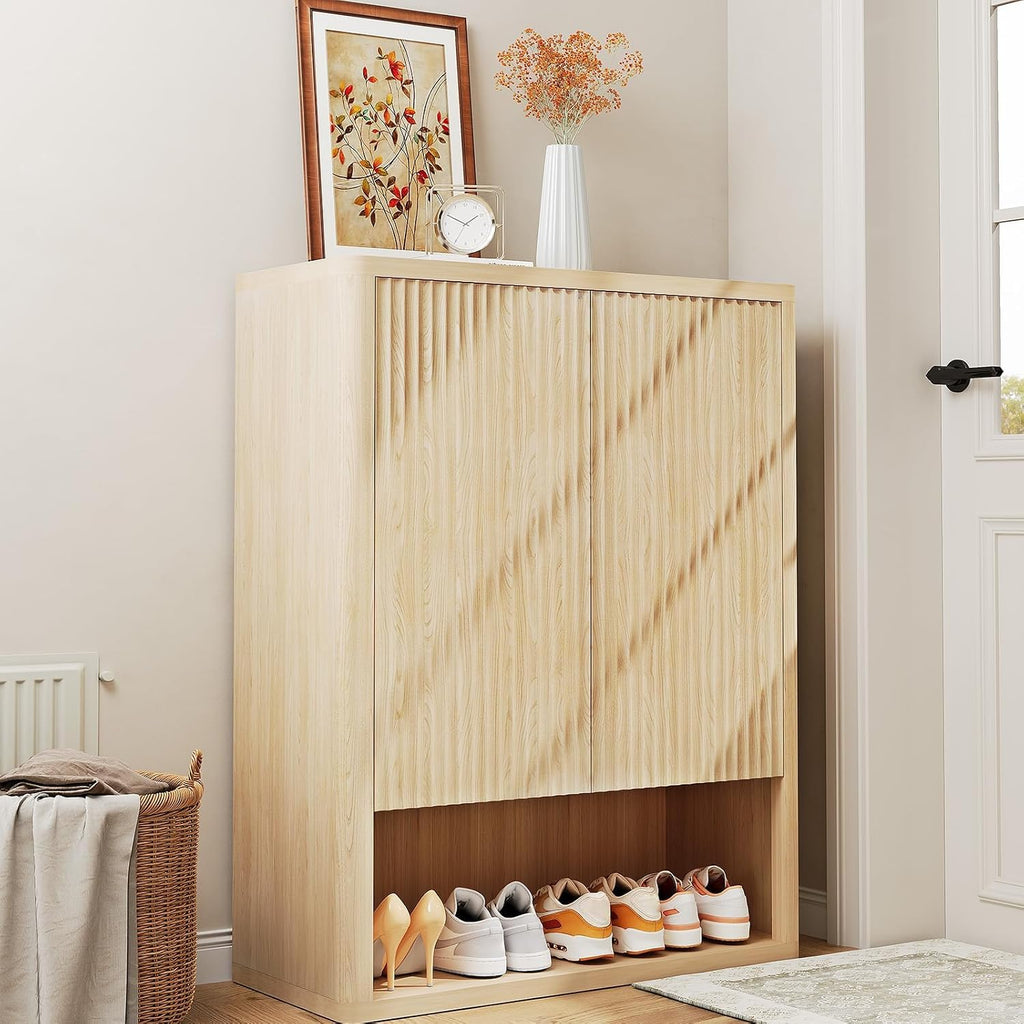 5-Tier Fluted Shoe Cabinet with Adjustable Shelves, Oak | Double Doors, Space-Saving Storage, Natural Oak Finish