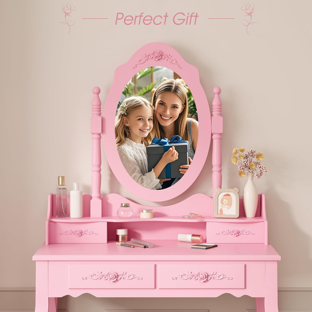 Vanity Desk Set with Mirror & Stool for Girls, Pink | Makeup Vanity Table and Cushioned Stool Set with 4 Drawers