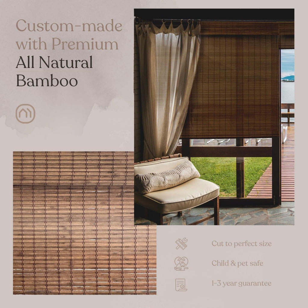 Custom Bamboo Shades| Rustic| Cordless Bamboo Roman Shades for Windows and Doors (Natural Woven)| Rustic Walnut