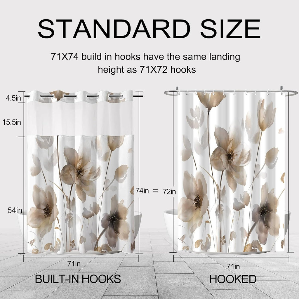 No Hook Shower Curtain and Liner Set, Brown Boho Floral 71x74 | Watercolor Boho Flower, with Snap in Liner