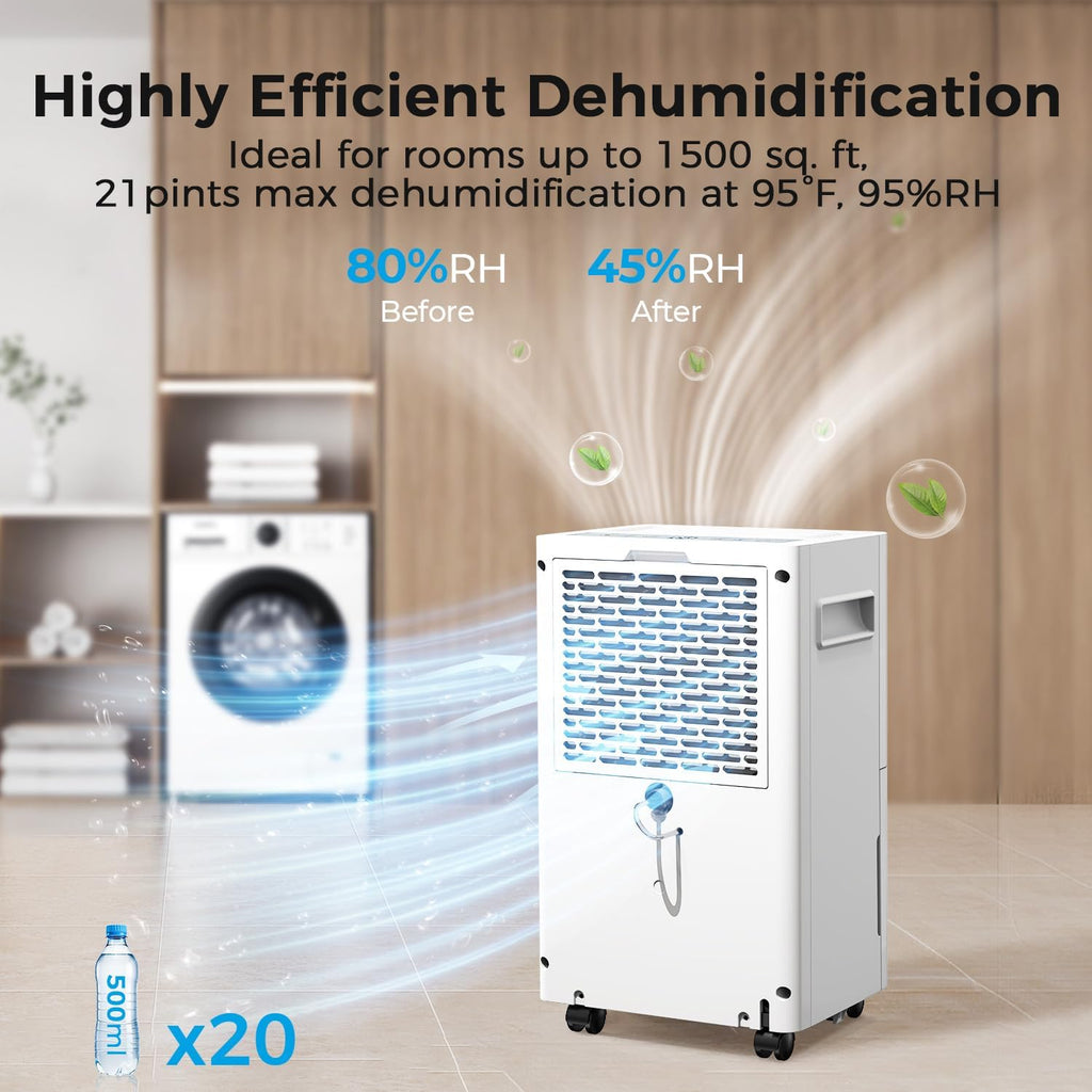1500 Sq.ft Dehumidifier for Basement, 21 Pint Dehumidifiers with Drain Hose for Home Large Room Bedroom Bathroom