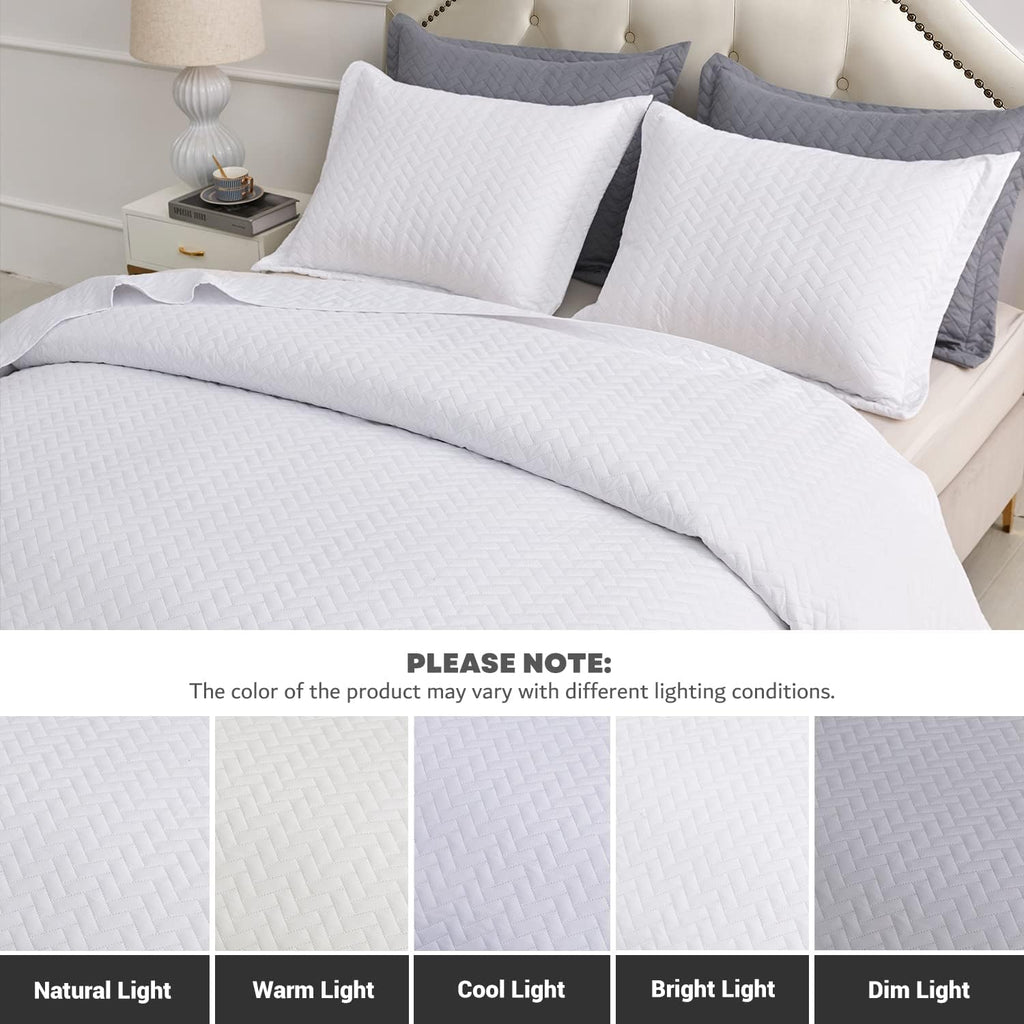 White Quilt Set, Lightweight Bedspread Ultrasonic Chevron Pattern Light Coverlet for All Season Comforter
