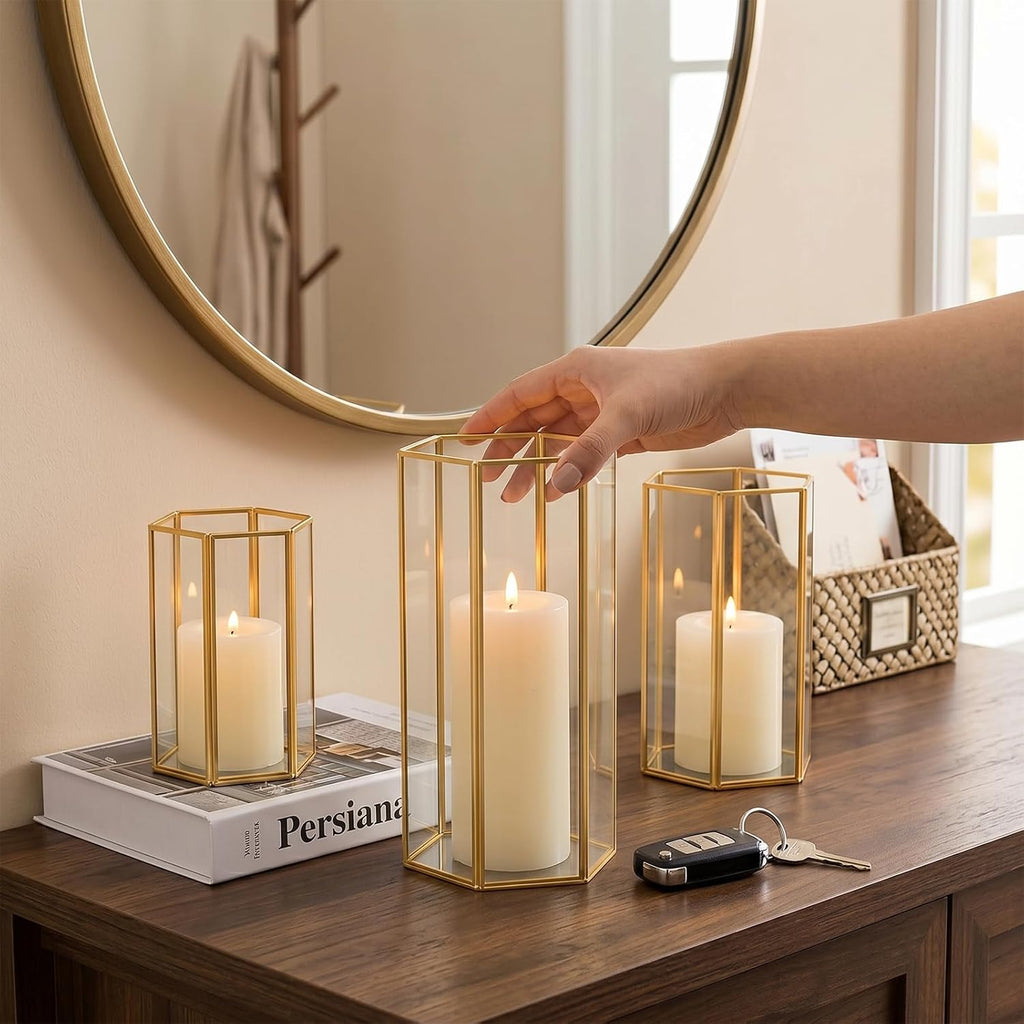 Glass Hurricane Candle Holder, Set of 3 Large Clear Hexagon Lanterns Pillar Candle Lantern with Gold Metal Frame