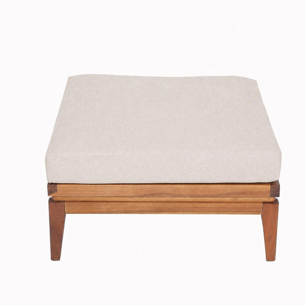 Ellie Outdoor Ottoman with Water-Repellent Cushion, Acacia Wood Patio Ottoman, Outdoor Foot Stool Furniture Set