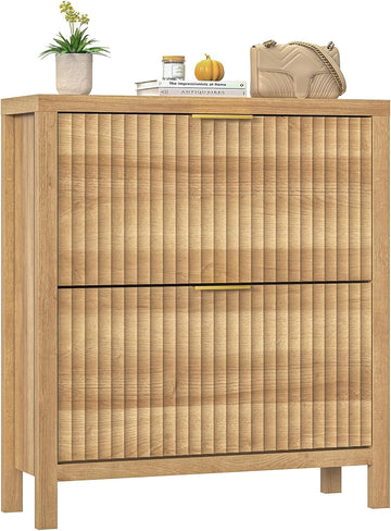 Shoe Cabinet Storage , Fluted Shoe Cabinet with 2 Flip Drawers, Hidden Shoe Rack Tall Freestanding Shoe Organizer