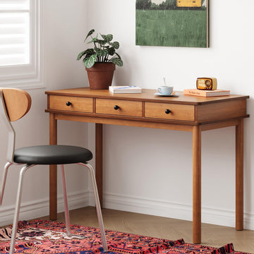 Mid‐Century Wood Writing Desk with 3 Storage Drawers, Solid Wood Legs Home Office Computer Workstation