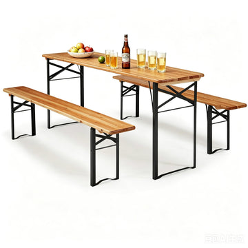 5.8FT 3-Piece Portable Picnic Table Bench Set, 6-8 Person Folding Wooden Dining Table Set, 70" Patio Beer Table for