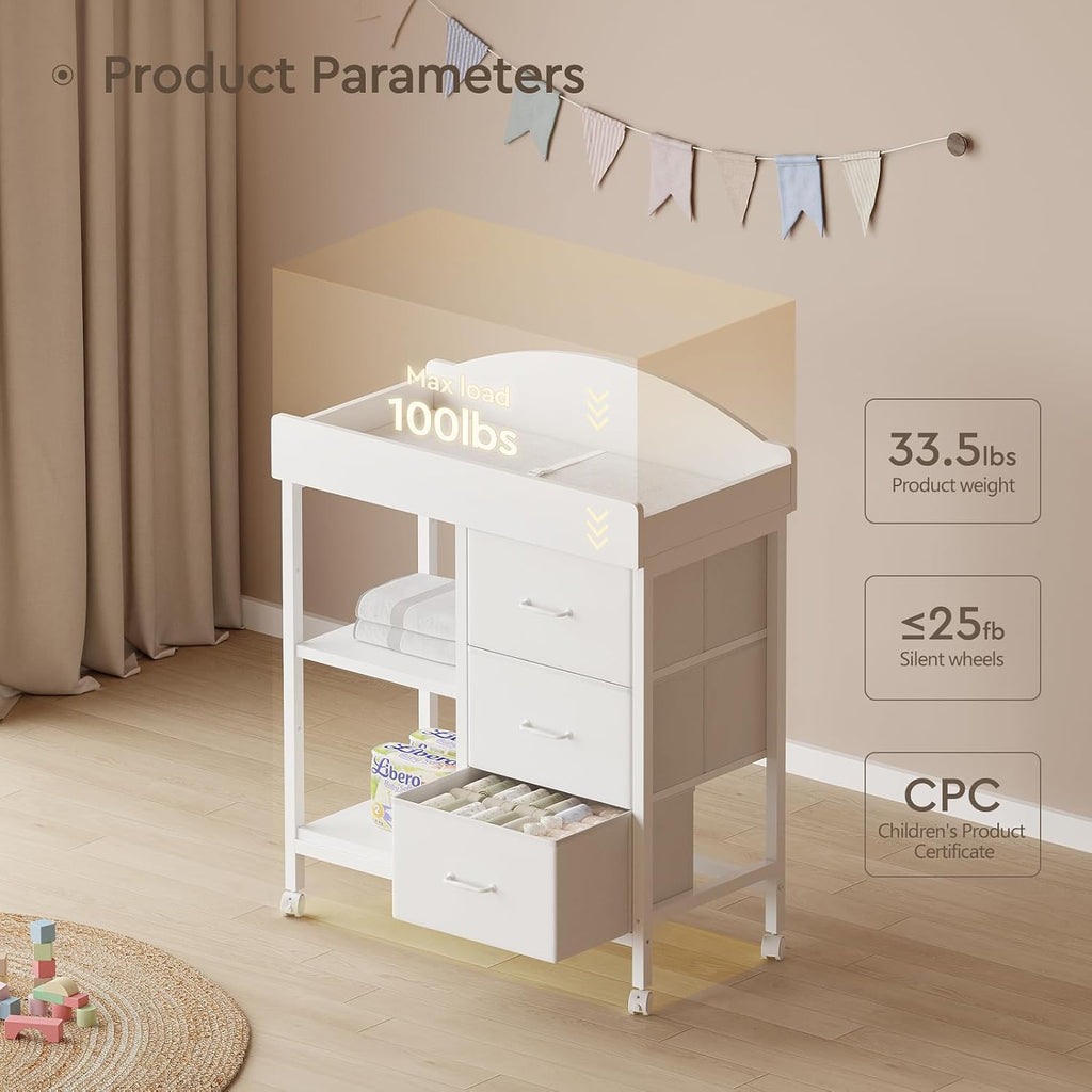Changing Table, 3 Drawers&2 Shelves, Changing Table Dresser, White | Baby Changing Table,Waterproof Diaper pad &