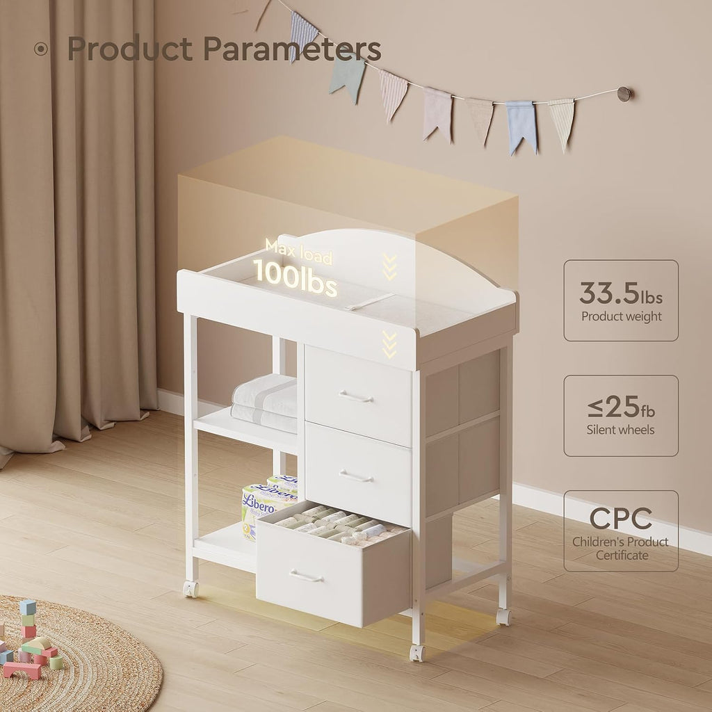 Changing Table, 3 Drawers&2 Shelves, Changing Table Dresser, White | Baby Changing Table,Waterproof Diaper pad &