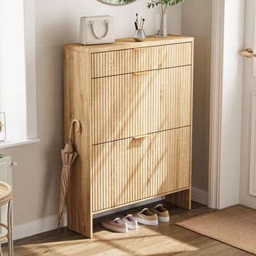 Fluted Shoe Cabinet Storage with 2 Flip Drawers & 1 Drawers, Wood Narrow Hidden Shoe Cabinet with Adjustable Shelf