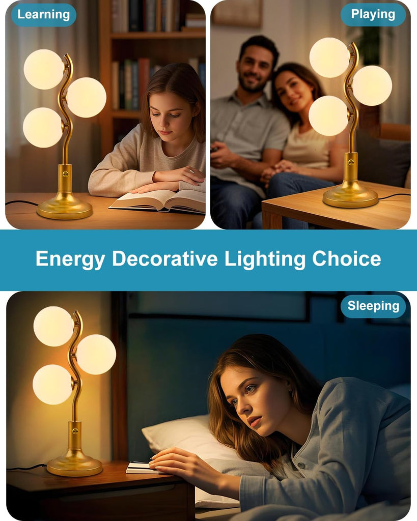 Mid Century Globe Table Lamp Dimmable Modern 3 Lights Gold Desk Lamp 3000K Warmwhite Bedside Table Lamp Living Room