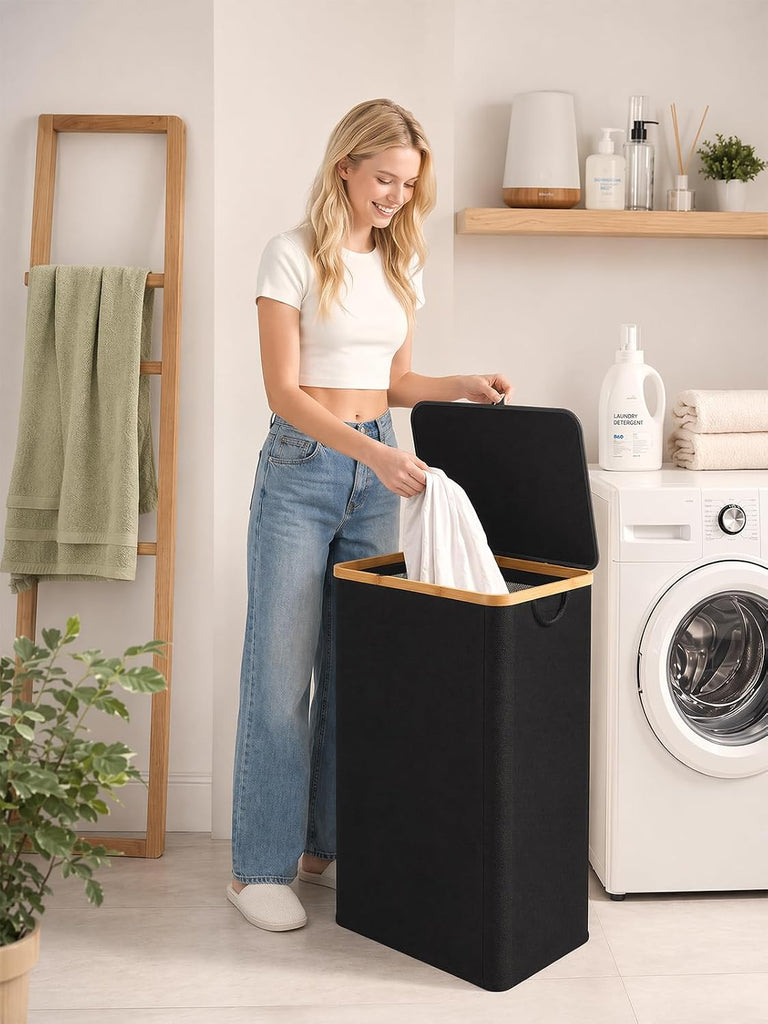 Laundry Hamper with Lid, 110L Laundry Basket with Bag,Black | Dirty Clothes Hamper Basket with Bamboo Handle for