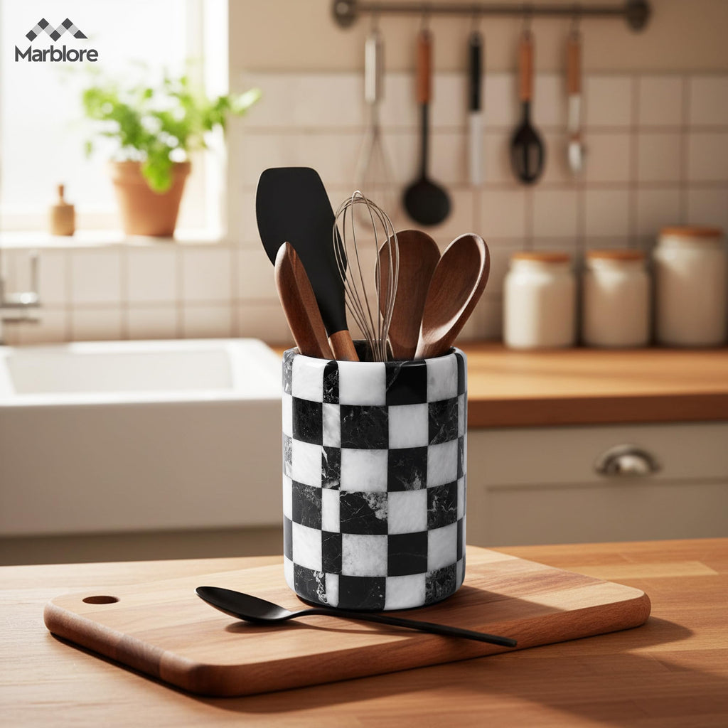 Marble Utensil Holder Black & White 6.5 Inch