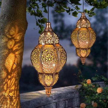 Hanging Solar Lantern Outdoor Decor 2Pack, 9.5In Moroccan LED Lights for Outside Garden Decorations, Waterproof Solar