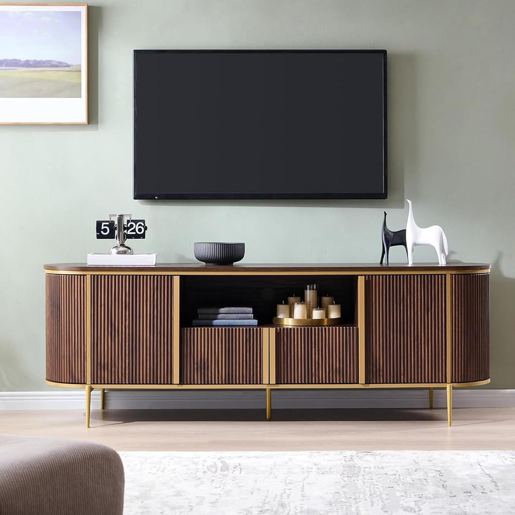 70" Fluted TV Stand with Storage, Faux Marble Top Entertainment Center for TVs Up to 80", Modern Curved Edge Media
