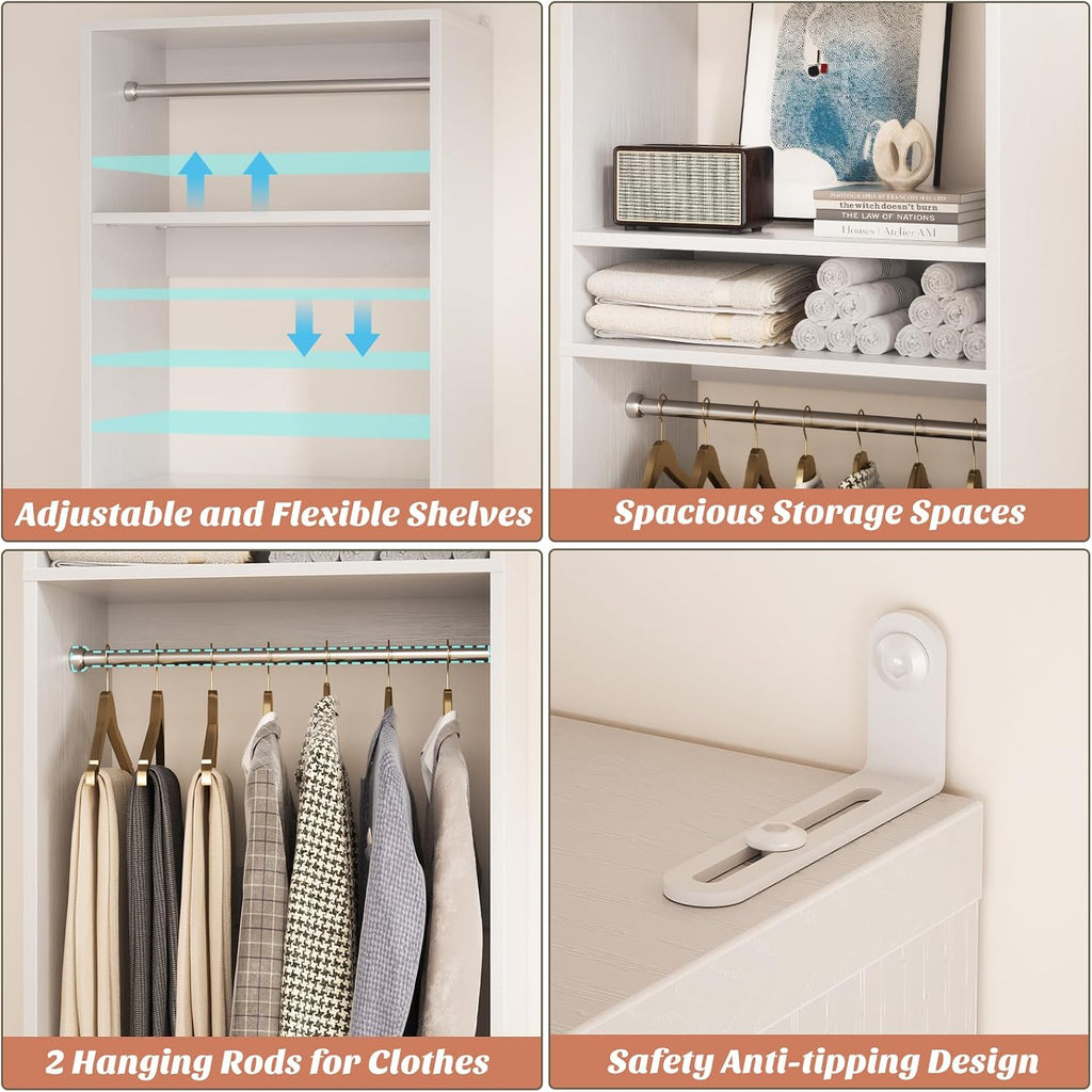 Freestanding Closet System, 25" Closet Organizer Wardrobe with Hanging Rods & Shelve, Adjustable Clothes Garment