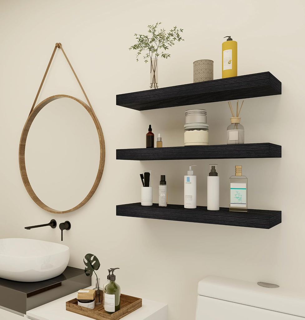 Black Rustic Floating Wall Shelves 24in Set of 3 Hidden | 3 Black Floating Shelves 24in , Rustic Wood Invisible