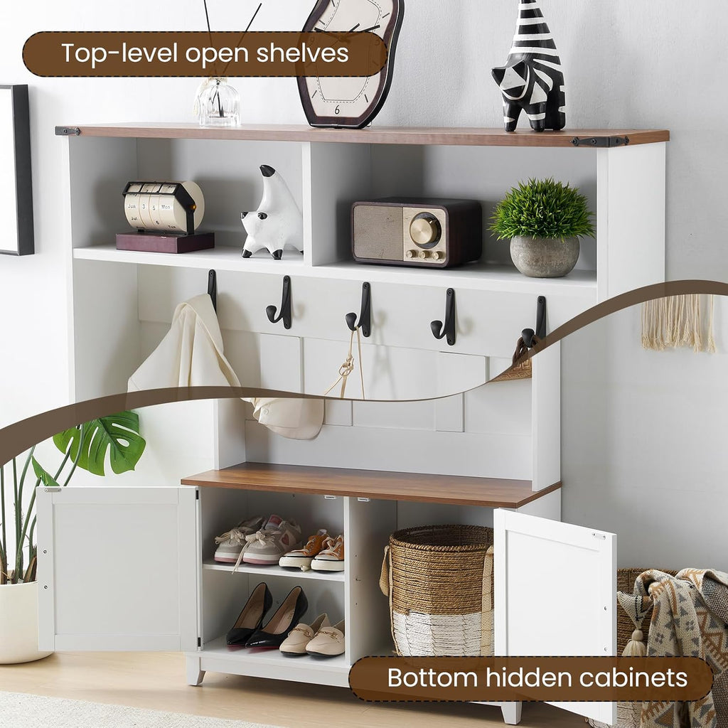 38" Farmhouse Hall Tree with Bench and Shoe Storage, Entryway Bench with Coat Rack, 2 Open Compartments, 5 Coat