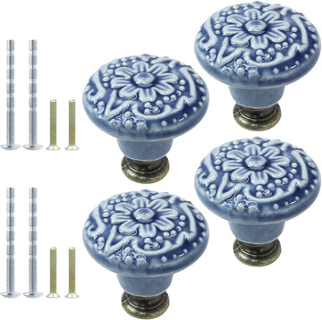 4pcs Greyish Blue Ceramic Knobs, Vintage & Retro Dresser & Cabinet Knobs & Pulls & Furniture Doors