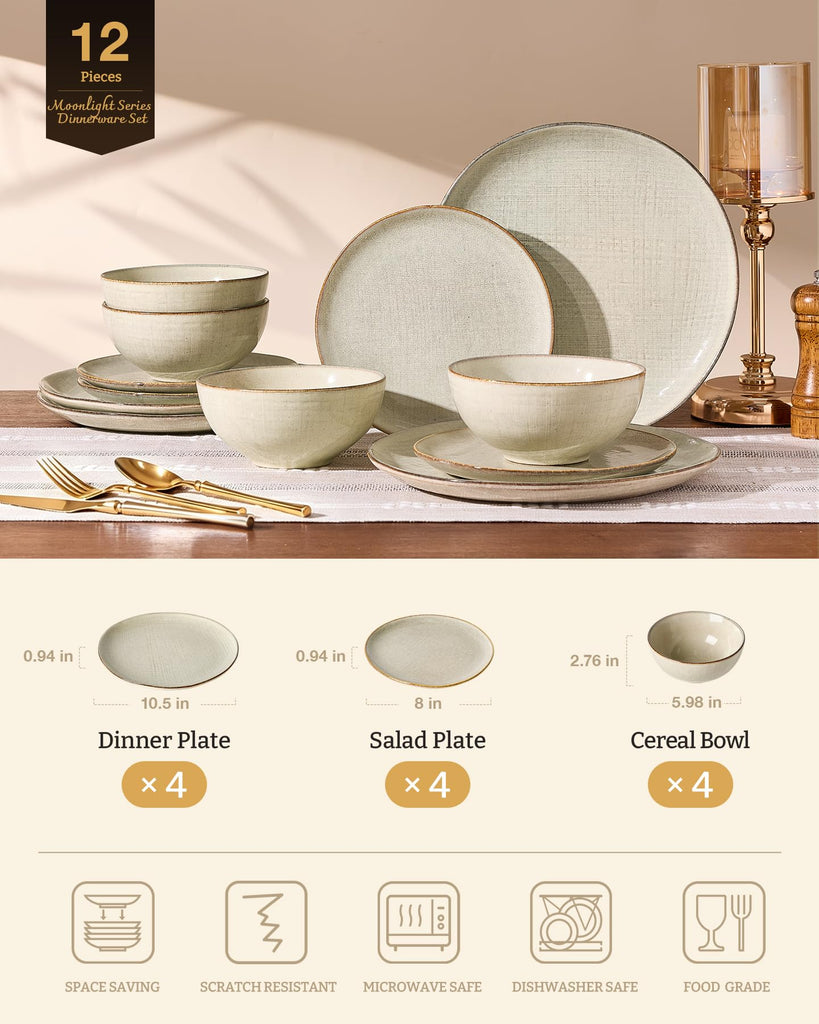 12-Piece Stoneware Dinnerware Sets, Linen Dishes Set for 4
