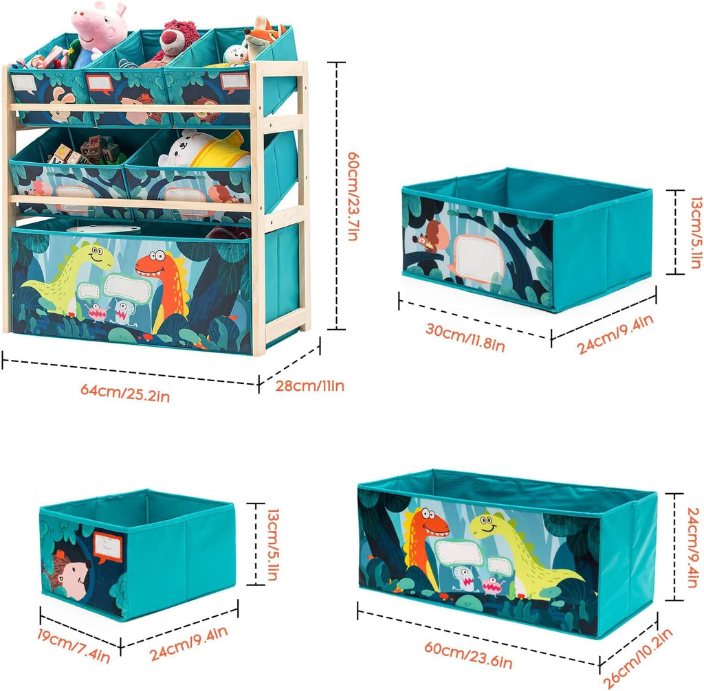 Toy Storage Organizer 6 Bins Wood Shelf with Dinosaur Design | toy rack storage bin organizer wooden bookshelf