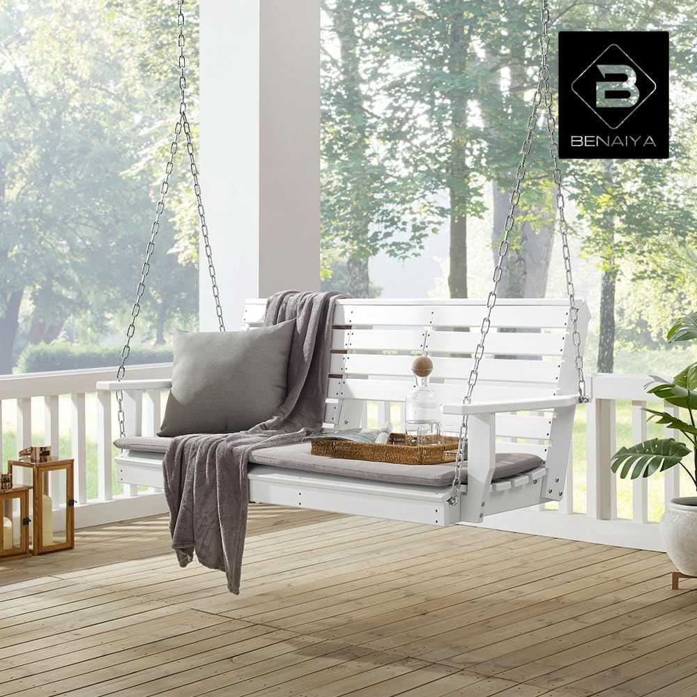 Heavy Duty Poly Lumber HDPE Porch Swing with Mounting Kit and Accessories Outdoor Hanging Chair with Cup Holders