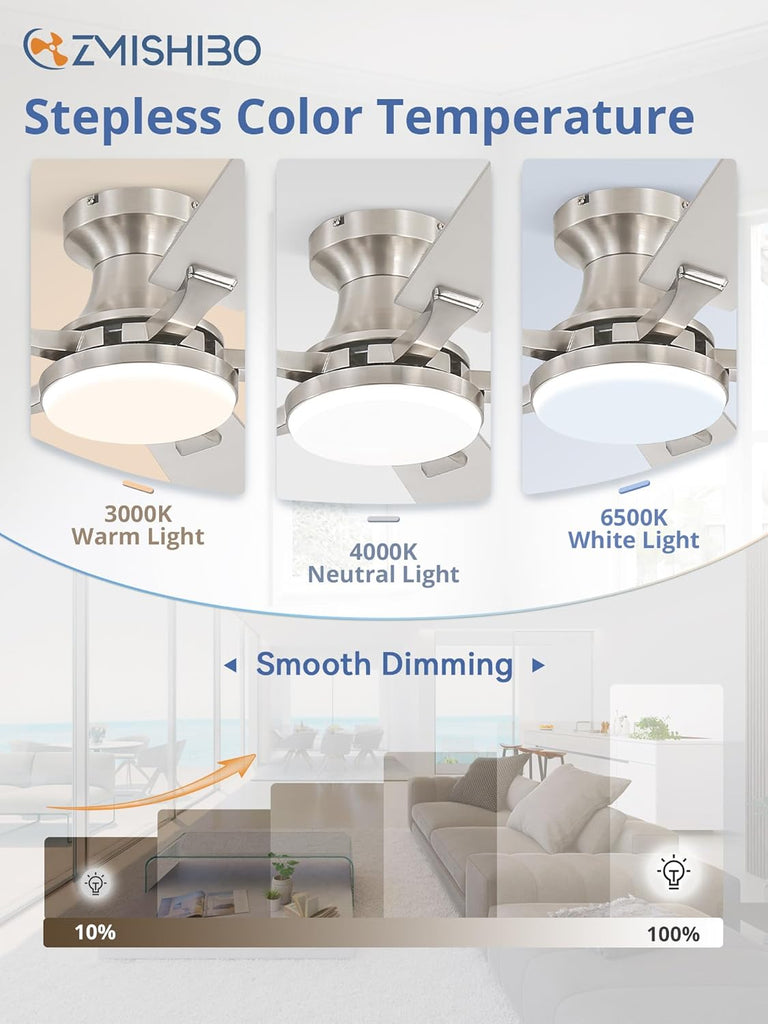 52 Inch Ceiling Fan with Light, App&Remote Control, Flush Mount Low Profile, Dimmable 20W LED Light, Quiet Reversible Motor for Bedroom, Living Room, Apartment, Nickel