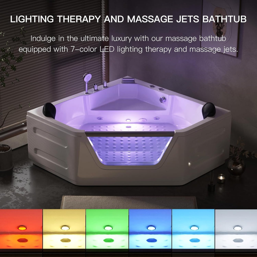 Acrylic Bath Tub with 6 Jetters | Hydromassage SPA Tub for 2 People | 59" Corner Jetted Bathtub with Waterproof