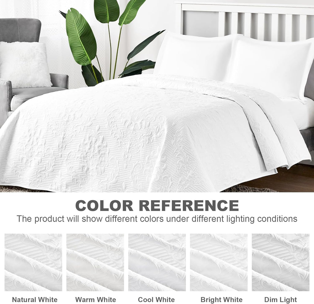 White Quilt - Ultrasonic Summer Bedspread, Soft Lightweight Coverlet Bedding Set, 3 Pieces (1 Quilt, 2 Pillowcases)