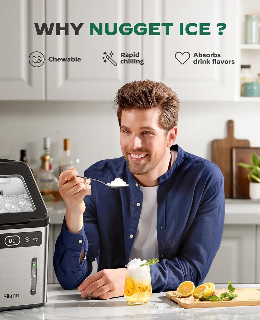 Nugget Ice Maker Countertop - 44lbs/Day Soft Chewable Pebble Ice, Self-Cleaning One-Click Operation, Stainless Steel