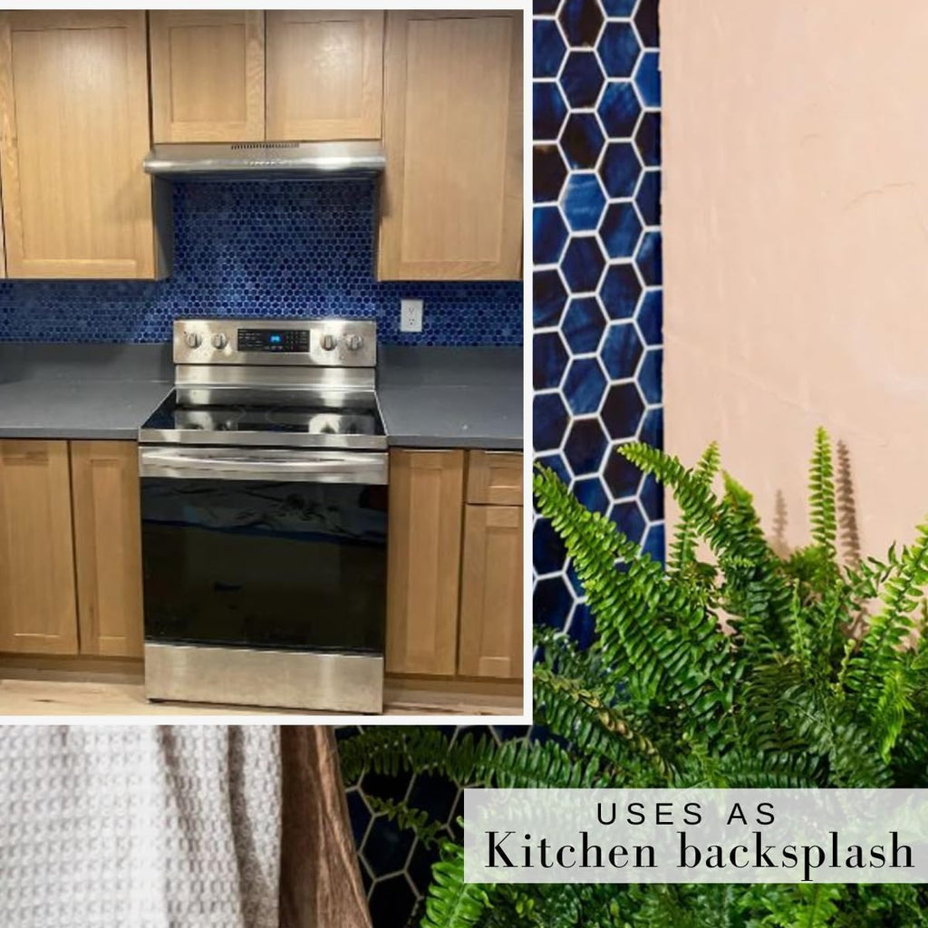 Tropical Navy Blue Hexagon Glossy Porcelain Mosaic Wall Floor Pool Tile for for Kitchen Backsplash, Bathroom Shower - Set of 5