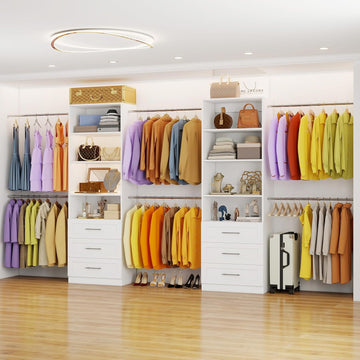 Closet System with 6 Drawers, 6FT-15FT Wooden Closet Organizer System with 8 Expandable Hanging Rods and Shelves