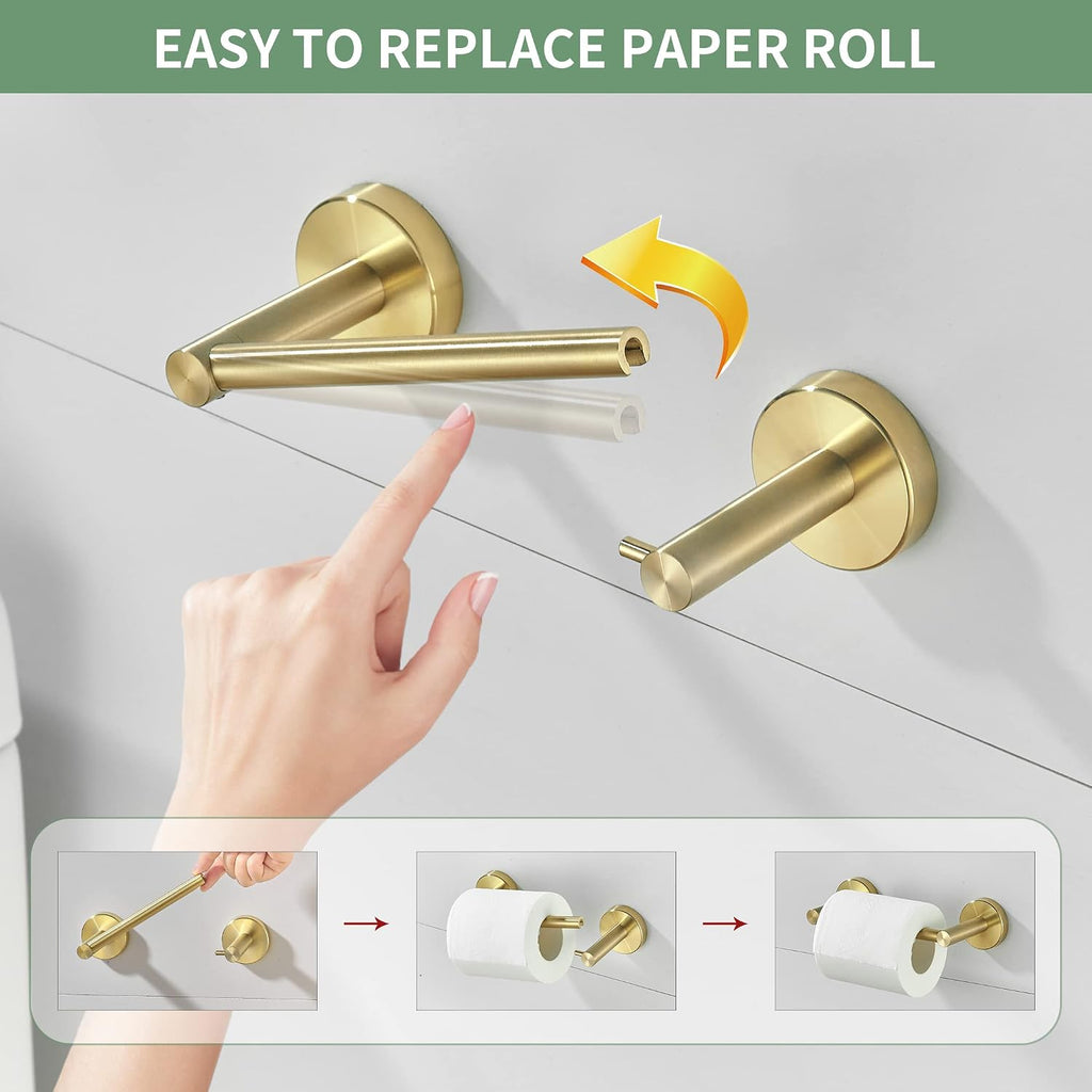 Gold Bathroom Hardware Set, Brushed Gold Toilet Paper Holder Towel Ring 2 Robe Hooks Wall Mount Hand Towel Holder