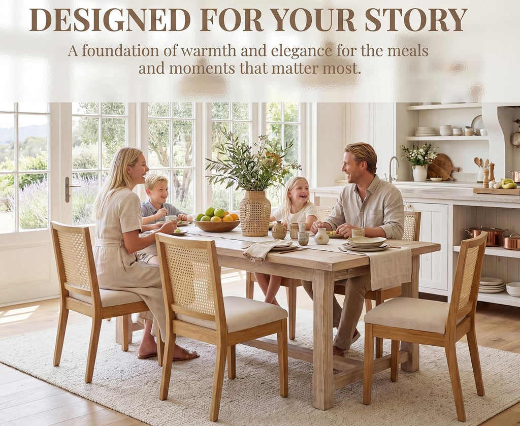 Farmhouse Rattan Dining Chairs Set of 4, Natural Solid Hardwood Frame, Upholstered Linen Seat, Ergonomic Cane Back