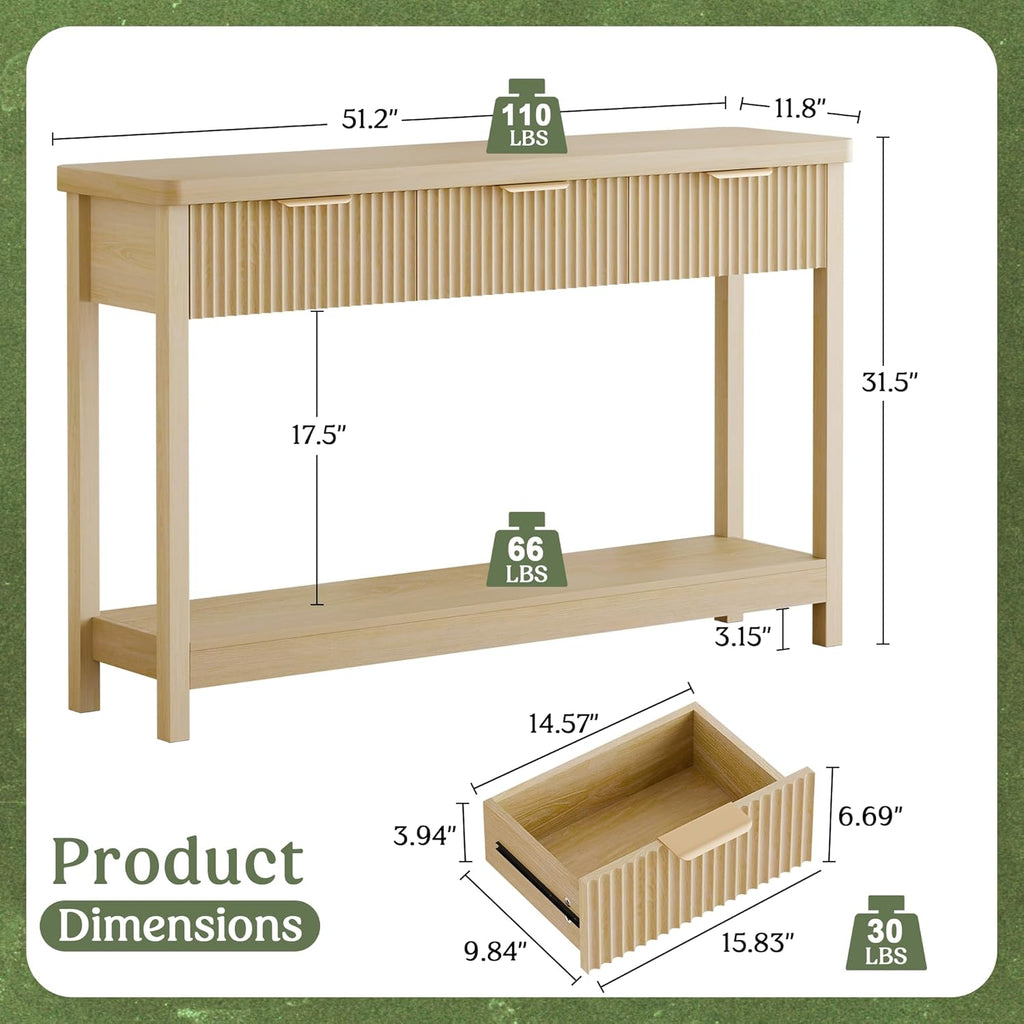 Fluted Console Table, 51 Inch Entryway Table with 3 Drawers | Scandi farmhouse look with quiet full-extension slides
