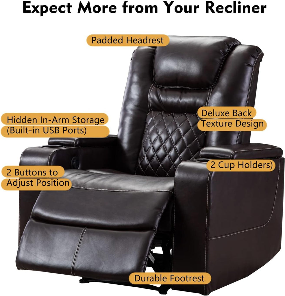 Electric Power Recliner Chair with USB Ports and Cup Holders, Breathable Leather Home Theater Seating with Hidden Arm