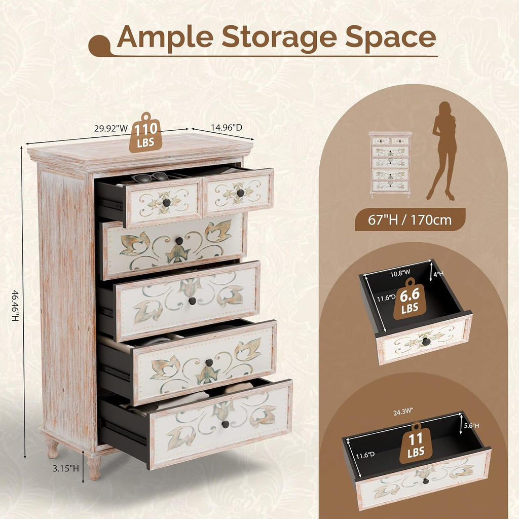 Dresser Wood Chest of Drawers , Tall Dresser 6 Drawer Chest Boho, Wooden Dressers with Drawers and Solid Wood Legs